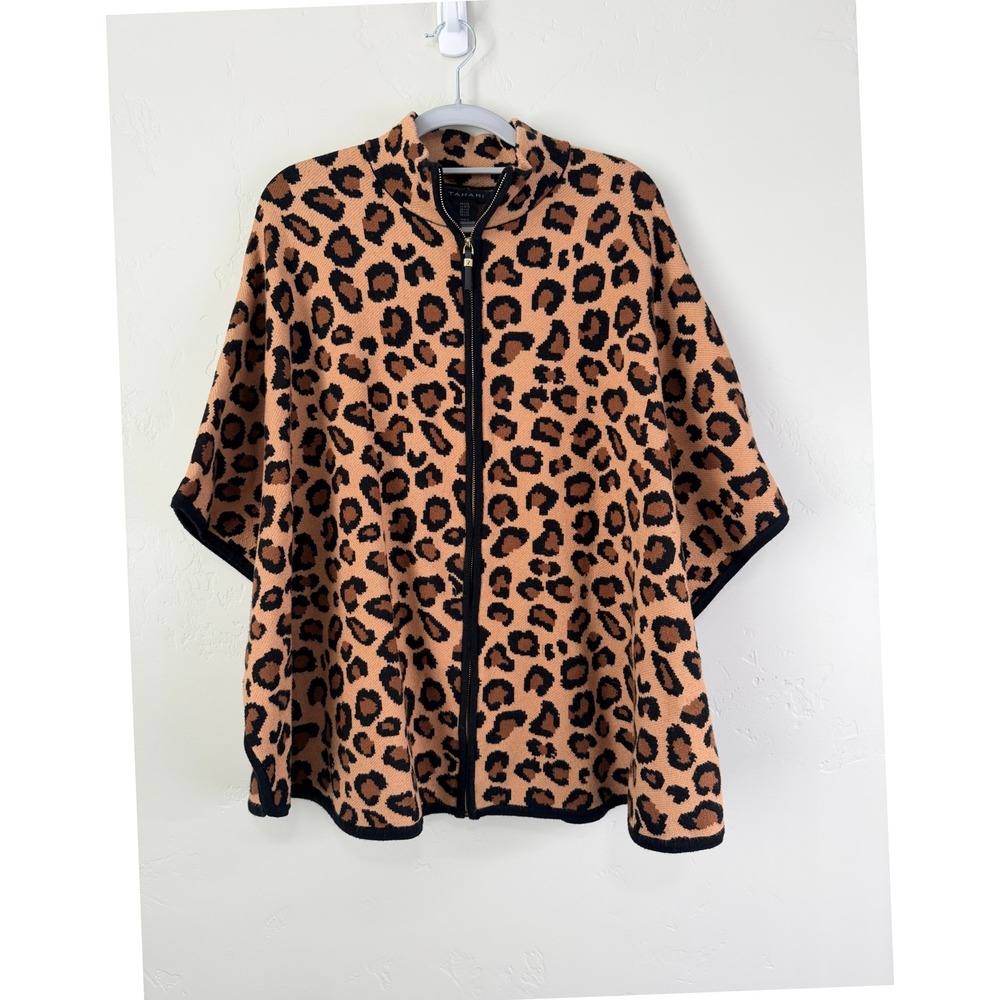 Tahari Leopard Print Full Zip Knit Poncho Mock Neck Animal Pattern Brown L/XL